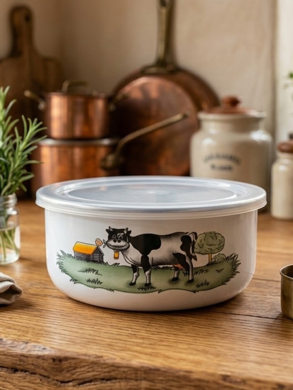 Vintage Enamelware Cow Storage Bowl with Clear Lid - Country Kitchen Decor